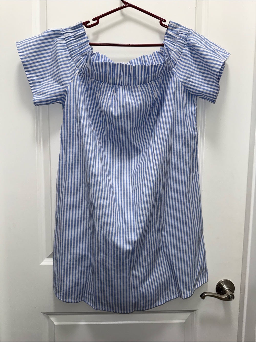 Atmosphere Blue and White Striped Off-Shoulder Shift Dress